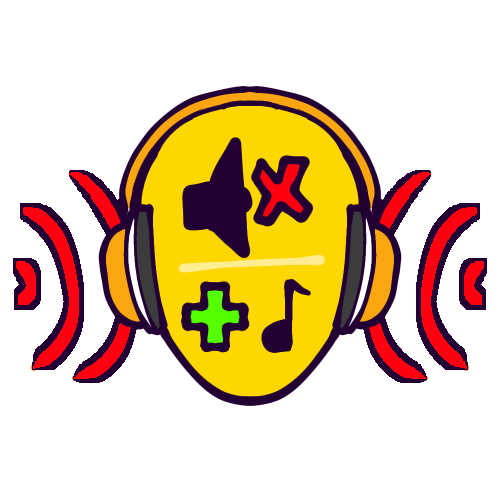 A drawing of a featureless yellow person’s head wearing orange noise-cancelling headphones. Red waves representing sounds surround them, and there is a “muted” symbol - A speaker and a red X - in the center of their face to show that they don’t perceive the outside sounds, as well as a green plus sign and an eighth note to show that they are listening to music. 